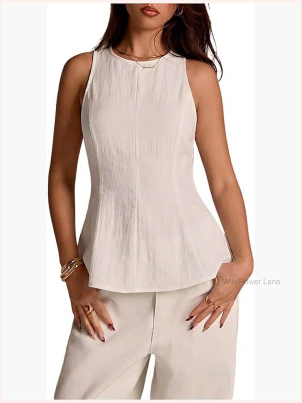 Sleeveless Crew Neck Peplum Blouse Ruffle Hem Tank Top Dressy Casual Work Top